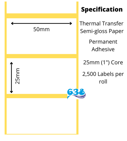 Semi-gloss 50 x 25mm thermal transfer labels for desktop label printers