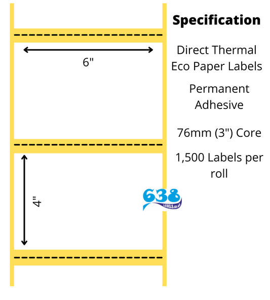 6 x 4" Inch Direct Thermal Labels with Perforation - 6,000 Labels - 1,500 per roll - 76mm core