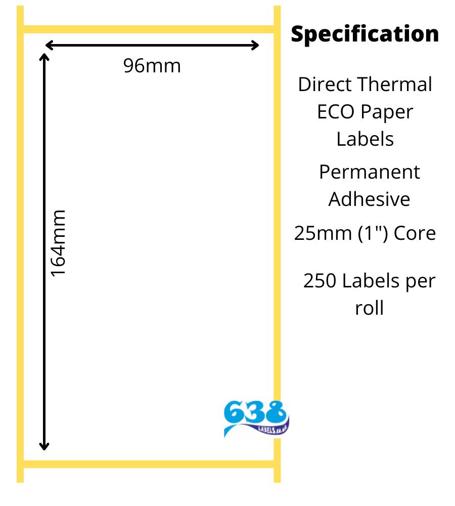 96mm x 164mm Direct Thermal Labels - 1,500 Labels - 250 per roll on a 25mm core for desktop label printers