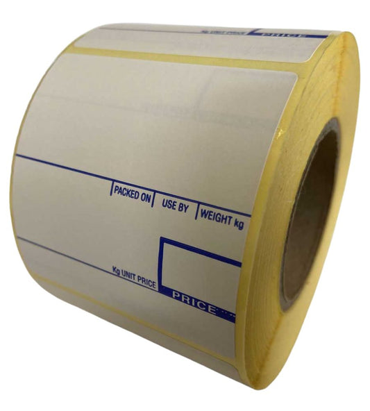 CAS 58 x 60mm printed scale labels - PACKED ON, USE BY, WEIGHT KG, KG UNIT PRICE & PRICE