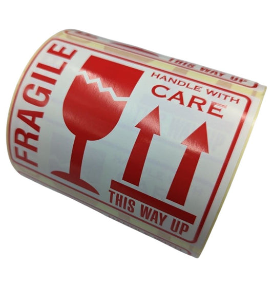 100 x 76mm Fragile This Way Up - Handle With Care labels / stickers which are supplied on rolls