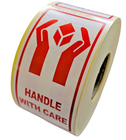 Handle With Care Labels - 50 x 100mm - Packaging & shipping labels for use when shipping parcels to advise on the correct handling