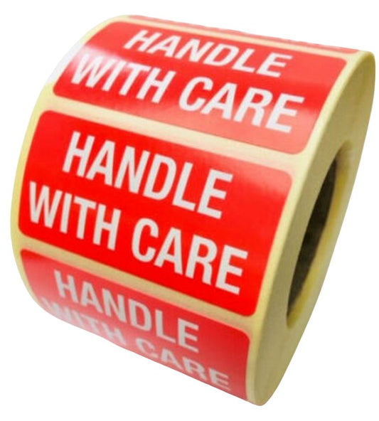 Handle With Care Labels - 50 x 25mm - Packaging & shipping labels for use when shipping parcels to advise on the correct handling