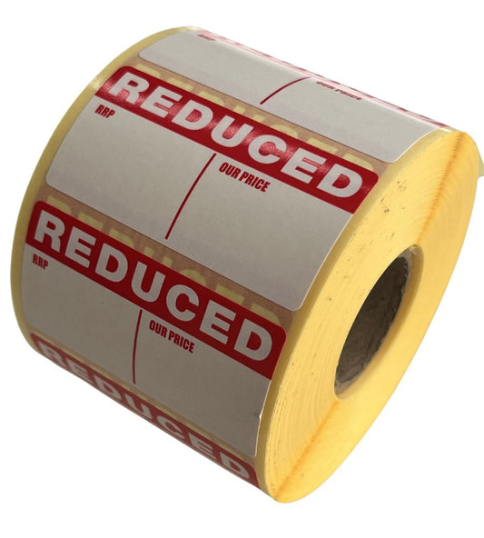50 x 25mm Reduced RRP / OUR PRICE promotional labels for all retail environments