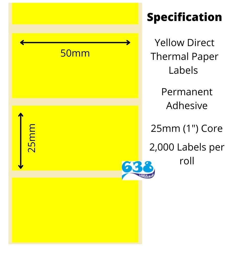 50 x 25mm yellow direct thermal labels supplied on 25mm (1") cores for desktop thermal labels printers